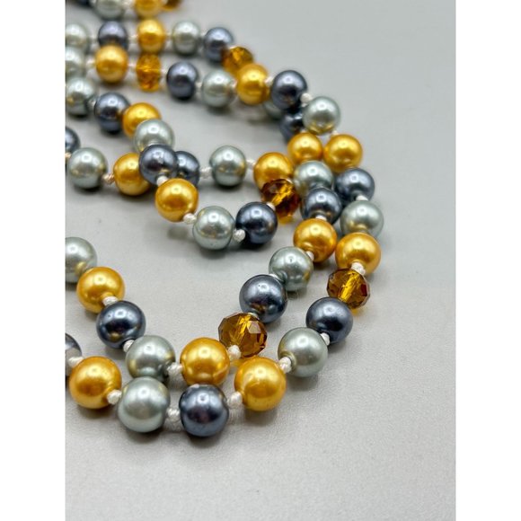 Long Strand Colored Faux Pearls & Crystals Necklace Gold Gray Color Hand Knotted - Picture 3 of 5